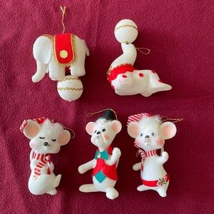 Set of 5 Vintage Mice & Circus Animal Ornaments